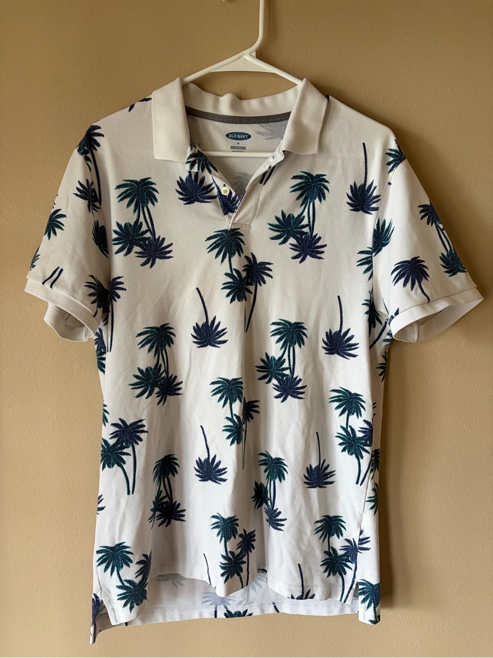 Old Navy White Polo with Navy & Teal Palm Motif